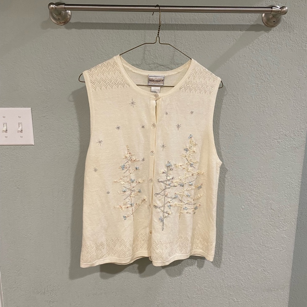 Cream and white vintage button-up sweater vest with embroidered trees